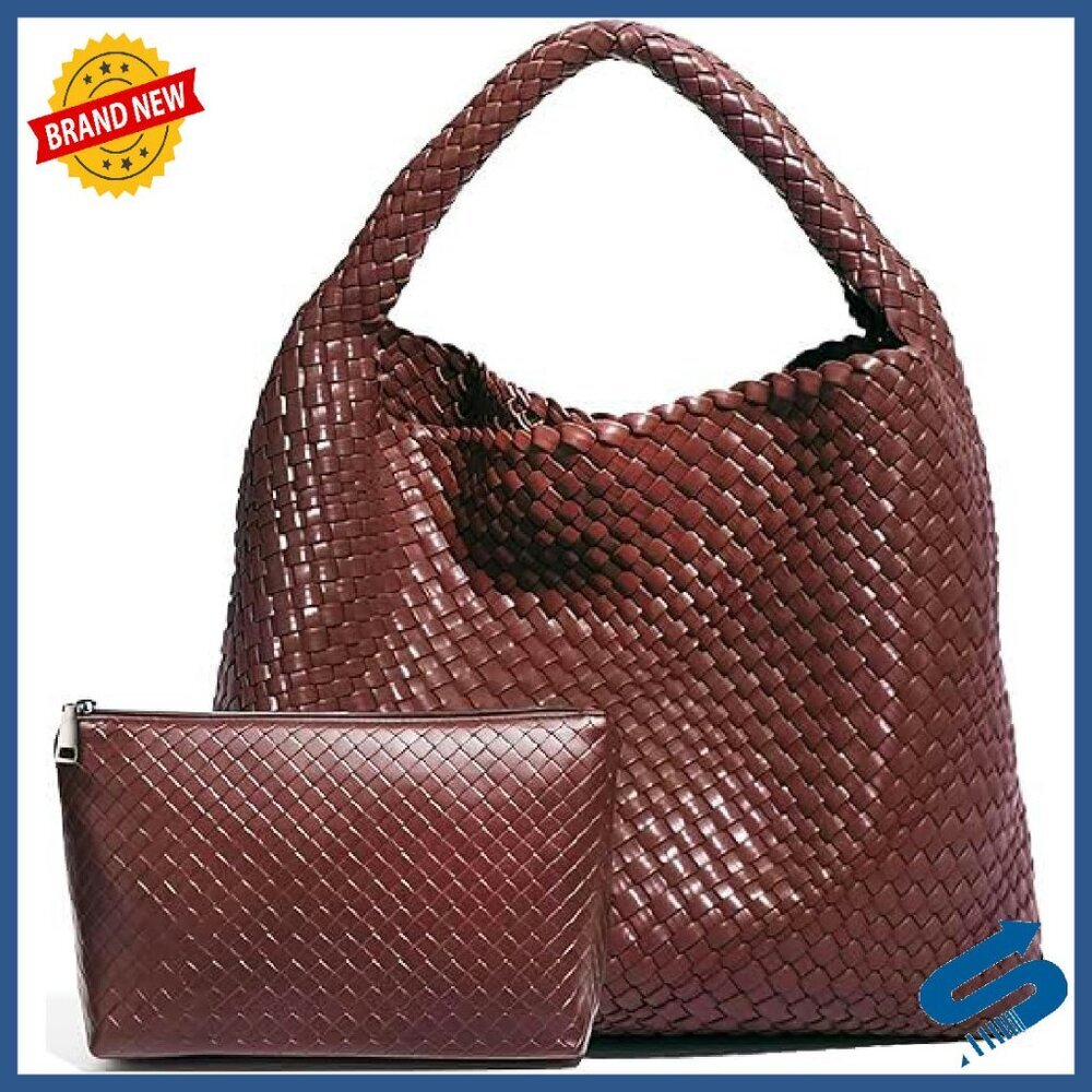 Large Woven Vegan Leather Tote Bag for Women, Handmade Work Commuter Day Bag - Picture 4 of 8